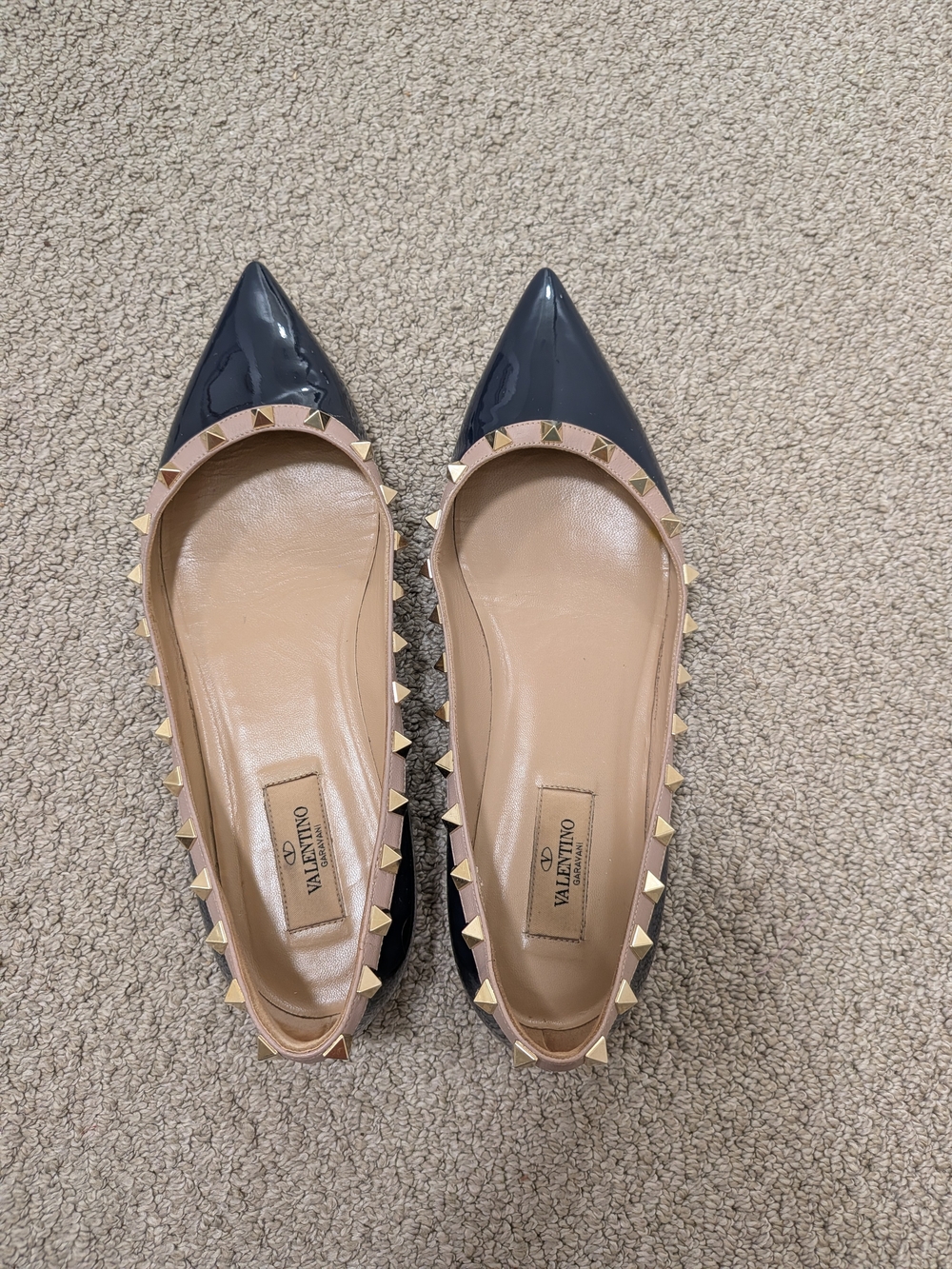 Valentino Rockstud Pointed Toe Flats in Navy and Nude